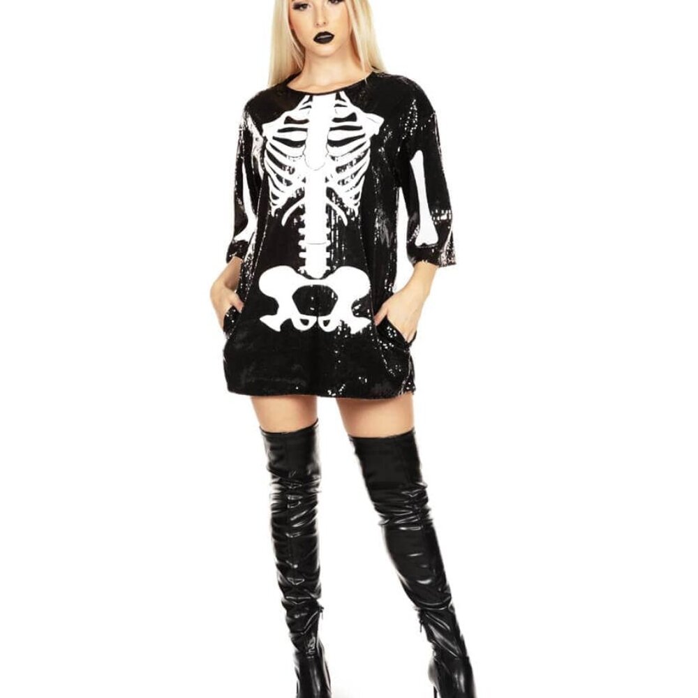Tipsy Elves Black and White Sequin Skeleton Dress Costume